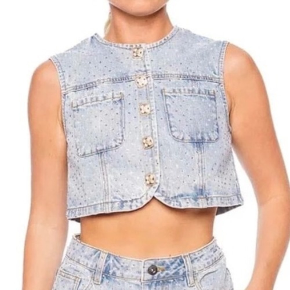 Self Portrait Rhinestone Denim Crop Top Vest Jacket Sparkle Embellished Size 0